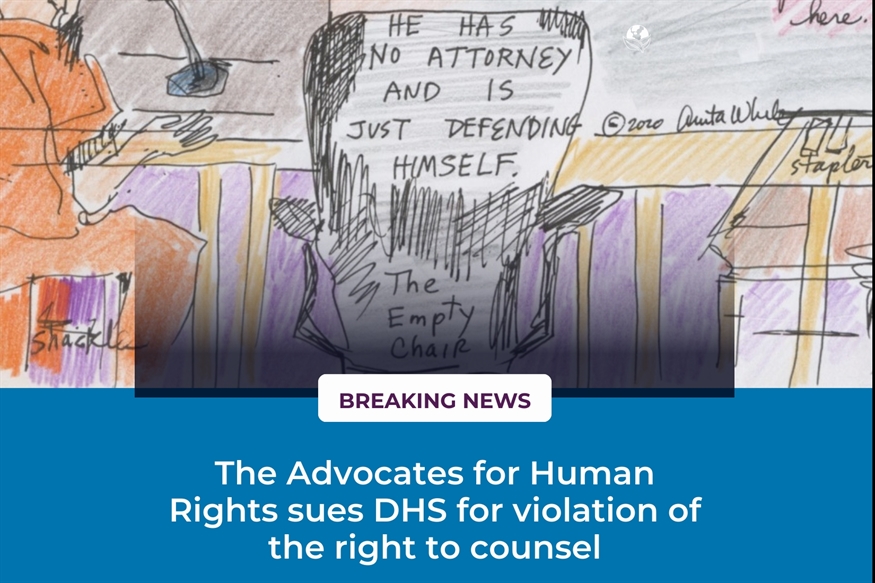 Drawing of a chair with the words "he has no attorney and is just defending himself"